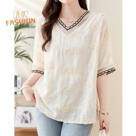 レディース ブラウス シャツ 半袖 トップス 刺繍 Vネック コットン 綿 ゆったり 体型カバー 大きいサイズ 小さいサイズ おしゃれ 可愛い きれいめ カジュアル オフィス 通勤 デート お出かけ 春 夏 秋 パフスリーブ バルーン