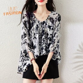 レディース ブラウス シャツ 五分袖 七分袖 パフスリーブ バルーン袖 トップス ゆったり 体型カバー 大きいサイズ 小さいサイズ おしゃれ 可愛い きれいめ カジュアル オフィス 通勤 デート お出かけ 花柄 ボタニカル柄 総柄 シフォン