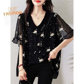 レディース ブラウス シャツ 半袖 トップス シフォン ゆったり 体型カバー 大きいサイズ 小さいサイズ おしゃれ 可愛い きれいめ カジュアル オフィス 通勤 デート お出かけ 花柄 ボタニカル柄 総柄 韓国ファッション 春 夏 秋 ブラック 黒