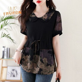 レディース ブラウス シャツ 半袖 トップス シフォン フェイクレイヤード ドッキング 大きいサイズ 小さいサイズ ゆったり 体型カバー 可愛い おしゃれ きれいめ 上品 エレガント 二の腕カバー 着痩せ 春 夏 秋 韓国ファッション 花柄