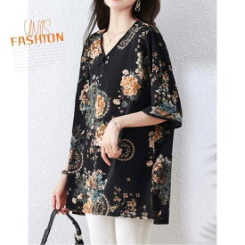 レディース Tシャツ 半袖 Vネック チャイナボタン 花柄 トップス ゆったり 体型カバー 大きいサイズ 小さいサイズ 可愛い おしゃれ きれいめ 上品 エレガント 二の腕カバー 着痩せ 春 夏 韓国ファッション 黒 デート 女子会 旅