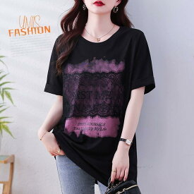 レディース Tシャツ 半袖 大きいサイズ ゆったり 体型カバー レース 花柄 刺繍ロゴ 英字 ロゴT 綿 コットン トップス カジュアル おしゃれ かわいい きれいめ 大人 上品 二の腕カバー 着痩せ お腹カバー 春 夏 秋 韓国ファッショ