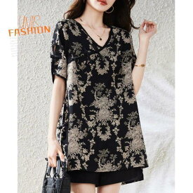 レディース Tシャツ 半袖 花柄 Vネック チャイナボタン トップス ゆったり 体型カバー 大きいサイズ 小さいサイズ レトロ ヴィンテージ風 おしゃれ 可愛い きれいめ 上品 エレガント 二の腕カバー 着痩せ お腹カバー 春 夏 韓国ファッショ