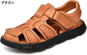 大きいサイズ レザーサンダル 透かし彫り ベルクロ ステッチ ビーサン メンズ 革靴 ビーチサンダル 夏 本革 フラット 滑りにくい お父さん レトロ ウォーキング 高齢者 疲れない