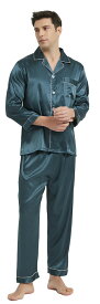[KUMASEN] メンズ パジャマ シルク サテン 上下セット ルームウェア 部屋着 長袖 肌に優しい 前開き シルク90%