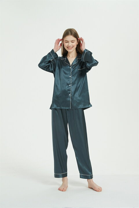 楽天市場】[KUMASEN] レディース パジャマ シルク サテン 上下セット  