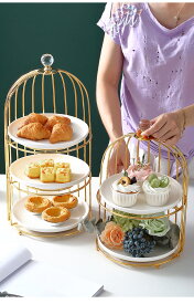 セラミック製 ケーキスタンド 2段/3段 円形 鳥籠風 アフタヌーンティー パーティー 結婚式 お菓子 果物 ディスプレイスタンド 収納ホルダー 陳列台