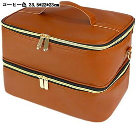 メイクボックス 2層 ダブルファスナー 内ポケット コスメ収納 化粧品入れ 多機能 持ち運び 収納 ケース 軽量 出張 家用 お返し イエロー オレンジ コーヒー色 パープル ピンク ブラック ブルー レッド 33.5*22*23cm