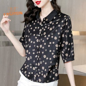 レディース シャツ ブラウス 七分袖 ドット柄 水玉模様 トップス おしゃれ きれいめ 上品 大人可愛い エレガント カジュアル ゆったり 体型カバー 着痩せ 大きいサイズ 小さいサイズ オフィス 通勤 デート お出かけ 秋 スクエアネッ