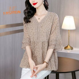 レディース ブラウス シャツ 半袖 トップス 花柄 フラワー プリント Vネック ゆったり 体型カバー 着痩せ 大きいサイズ 小さいサイズ おしゃれ きれいめ 上品 大人可愛い エレガント カジュアル オフィス 通勤 デート お出かけ 夏 秋 シフォン