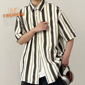 ストライプシャツ メンズ レディース 半袖シャツ ビックシルエット オーバーサイズ ゆったり 体型カバー 大きいサイズ おしゃれ かわいい カジュアル ストリート系 アメカジ 韓国ファッション ペアルック お揃い 双子コーデ リンクコーデ M L XL