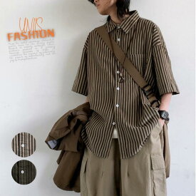ストライプシャツ メンズ レディース 半袖シャツ ビックシルエット オーバーサイズ ゆったり 体型カバー 大きいサイズ おしゃれ かわいい カジュアル ストリート系 アメカジ 韓国ファッション ペアルック お揃い 双子コーデ リンクコーデ M L XL