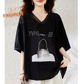 レディース Tシャツ Vネック 半袖 トップス ゆったり 体型カバー きれいめ 大きいサイズ ビジュー付き ラインストーン キラキラ おしゃれ 可愛い 代 代 代 オフィス カジュアル デート お出かけ 旅