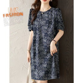 レディース ワンピース 花柄 レトロ 半袖 パフスリーブ Aライン フレア ミモレ丈 体型カバー きれいめ 大きいサイズ おしゃれ 可愛い 代 代 代 オフィス カジュアル デート お出かけ 旅
