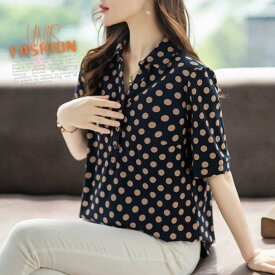 ブラウス レディース 七分袖 綿 Tシャツ トップス 夏服 大きいサイズ ゆったり 体型カバー おしゃれ 可愛い 着痩せ 二の腕カバー ドロップショルダー 水玉 ドット柄 ボタン ブルー 青 カジュアル オフィス きれいめ 韓国ファッション 新