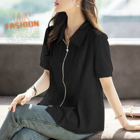 ダブルジップ ポロシャツ レディース 半袖 夏 トップス 大きいサイズ ゆったり 体型カバー 着痩せ おしゃれ きれいめ 上品 黒 白 無地 シンプル オフィス カジュアル 韓国ファッション 新