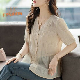 ブラウス レディース Vネック トップス シャツ 半袖 夏服 きれいめ おしゃれ オフィス 大きいサイズ ゆったり 体型カバー 着痩せ 二の腕カバー パフスリーブ かわいい 上品 フェミニン 韓国ファッション 新作 黒 杏色 無