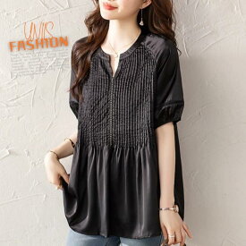 ブラック Vネック シフォントップス レディース 夏 欧米風 おしゃれ 体型カバー ゆったり 大きめサイズ 半袖ブラウス エレガント 通勤 OL きれいめ 代 代 代 着痩せ 二の腕カバー 上品 黒 無地 新