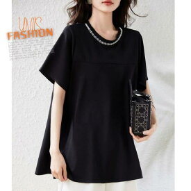 レディース Tシャツ 半袖 きれいめ 上品 大人可愛い ビジュー ラインストーン キラキラ デコルテ おしゃれ ゆったり 体型カバー 着痩せ 大きいサイズ 韓国風 オフィス カジュアル デート お出かけ 通勤 黒 ブラック L XL XL XL XL