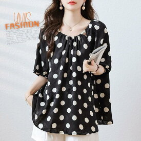 レディース ブラウス 半袖 ドット柄 水玉柄 パフスリーブ ゆったり 体型カバー 大きいサイズ 可愛い 韓国風 きれいめ 上品 大人 おしゃれ 代 代 代 オフィス 通勤 OL デート お出かけ 女子会 二次会 パーティー 普段着 楽ちん 着痩せ