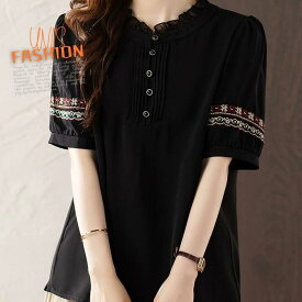 レディース ブラウス 半袖 刺繍入り ゆったり 体型カバー 大きいサイズ 可愛い 韓国風 きれいめ 上品 大人 おしゃれ 代 代 代 オフィス 通勤 OL デート お出かけ 女子会 二次会 パーティー 普段着 楽ちん 着痩せ フェミニン ガーリー レト