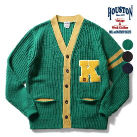 HOUSTON / ヒューストン 22060 BICOLOR LETTERED CARDIGAN / バイカラー レタード カーディガン -全3色- 厚手 ニット ヴィンテージ ビンテージ ワンポイント ミリタリー MILITARY ワッペン アウター 軽い アクリル アメリカン メンズ レディース ウィメンズ [22060]