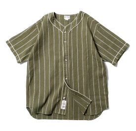 HOUSTON / ヒューストン 41008 COTTON LINEN STRIPE BASEBALL SHIRT / 綿麻ストライプベースボールシャツ -全4色- メンズ 半袖シャツ シンプル ミリタリー MILITARY 襟なし ワイドシルエット ゆったり [41008]