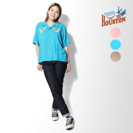 HOUSTON woman / ヒューストン ウーマン 23HL007 SOUVENIR SHIRT (HAWK) / スーベニアシャツ -全3色- 半袖シャツ オープンカラー レディース 鷲 スカシャツ スカジャン 刺繍 ヴィンテージ ミリタリー カジュアル [23HL007]