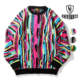 UNIVERD72 / ユニバード 22165 3D JQ C/N SWEATER / 3Dジャガードニットクルーネックセーター -全3色- 長袖 大きいサイズ メンズ ルーズ ガーターリブ たけしニット 派手 [22165]