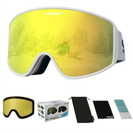 (OUTDOOR SPARTA) スキー板スキーゴーグルOTG、磁気分解可能高精細レンズ/曇り防止/100%UV 400保護/フレームなし、二重円筒レンズ、男性女性成人に適用 (2、白色枠、レンズ全面金メッキ)