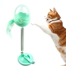 餌漏れ猫じゃらし 猫のおもちゃ ひとり遊び 餌入れ 運動不足解消 ペット餌やり 羽鈴付き 吸盤式 最新型 グリーン