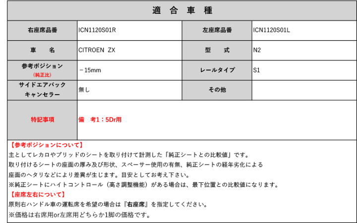 BRIDE_フルバケ]N2 シトロエン ZX(5ドア)用シートレール(1