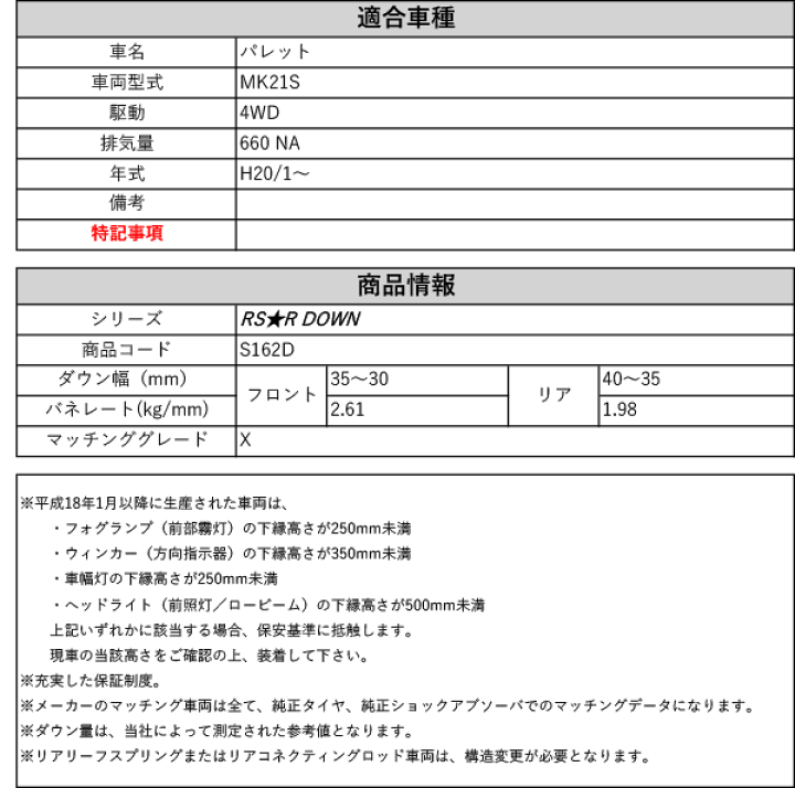 楽天市場】[RS-R_RS☆R DOWN]MK21S パレット_X(4WD_660 NA_H20/1