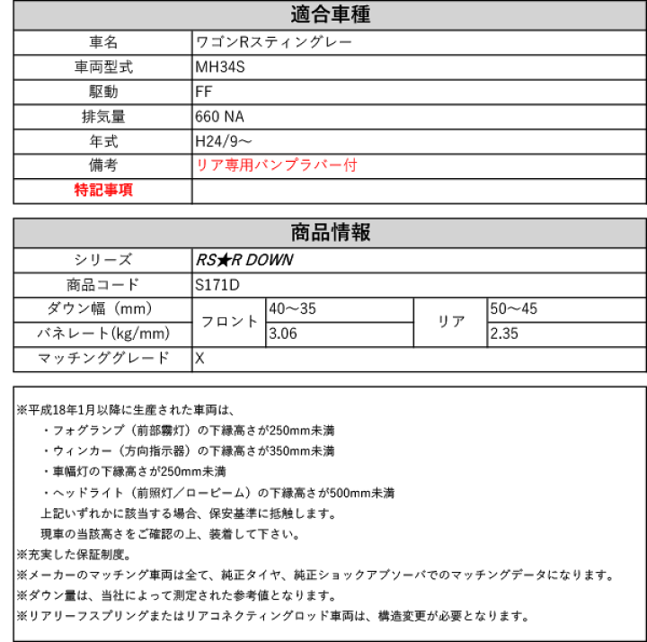 楽天市場】[RS-R_RS☆R DOWN]MH34S ワゴンRスティングレー_X(2WD_660 NA_H24/9〜)用車検対応ダウンサス[S171D]  : シート・レール専門ユニプロ