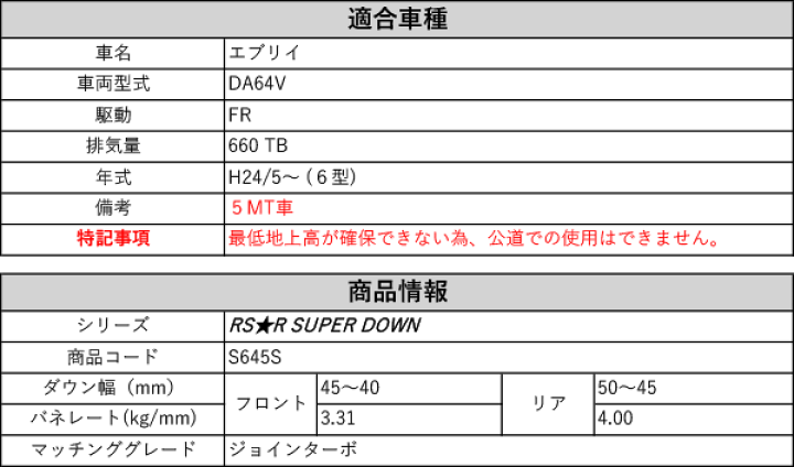 楽天市場】[RS-R_RS☆R SUPER DOWN]DA64V エブリイ_ジョインターボ_5MT