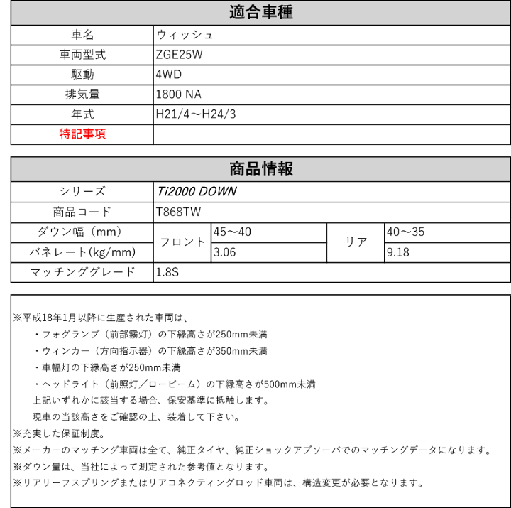 楽天市場】[RS-R_Ti2000 DOWN]ZGE25W ウィッシュ_1.8S(4WD_1800 NA_H21