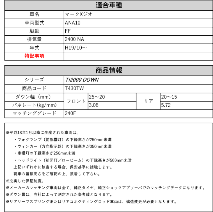 楽天市場】[RS-R_Ti2000 DOWN]ANA10 マークXジオ_240F(2WD_2400 NA_H19