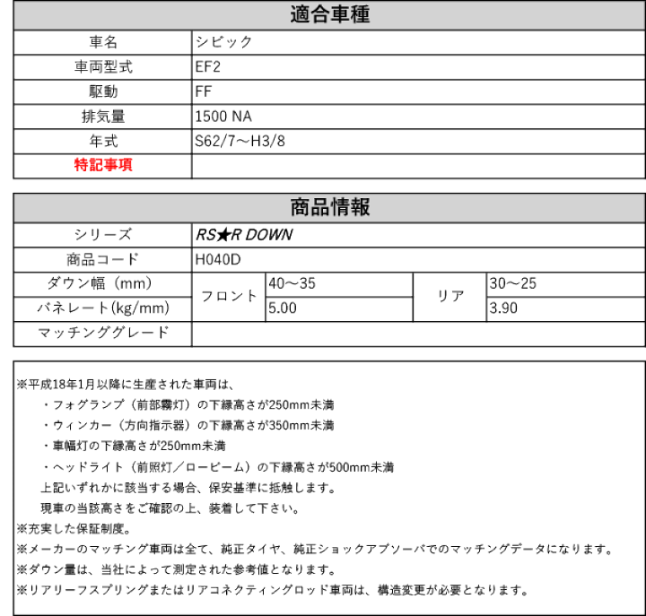 楽天市場】[RS-R_RS☆R DOWN]EF2 シビック(2WD_1500 NA_S62/7～H3/8)用
