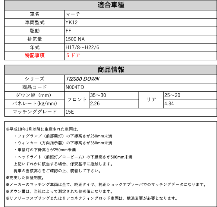 楽天市場】[RS-R_Ti2000 DOWN]YK12 マーチ_15E / 5Dr(2WD_1500 NA_H17