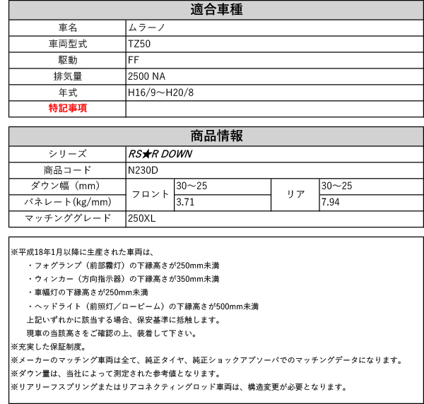 RS-R_RS☆R DOWN]TZ50 ムラーノ_250XL(2WD_2500 NA_H16/9〜H20/8)用
