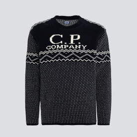 C.P.COMPANY シーピーカンパニー 15CMKN063A Chenille Cotton Jacquard Knit クルーネック ニットセーター ブラック ロゴディテール ガーメントダイ 総柄 メンズ 2023年秋冬 送料無料