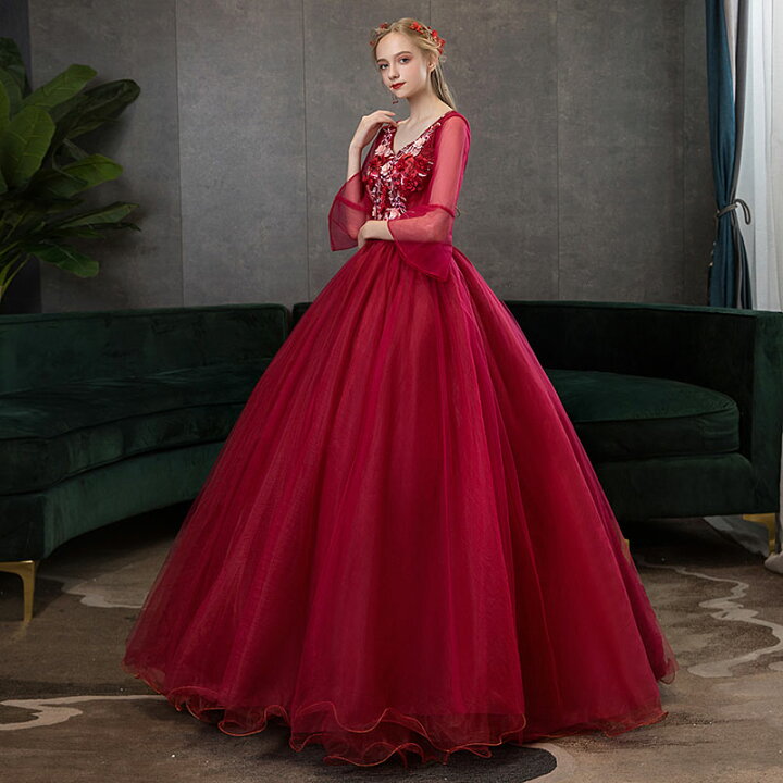 楽天市場】カラードレス 赤 プリンセスラインドレス ロングドレス 長袖  