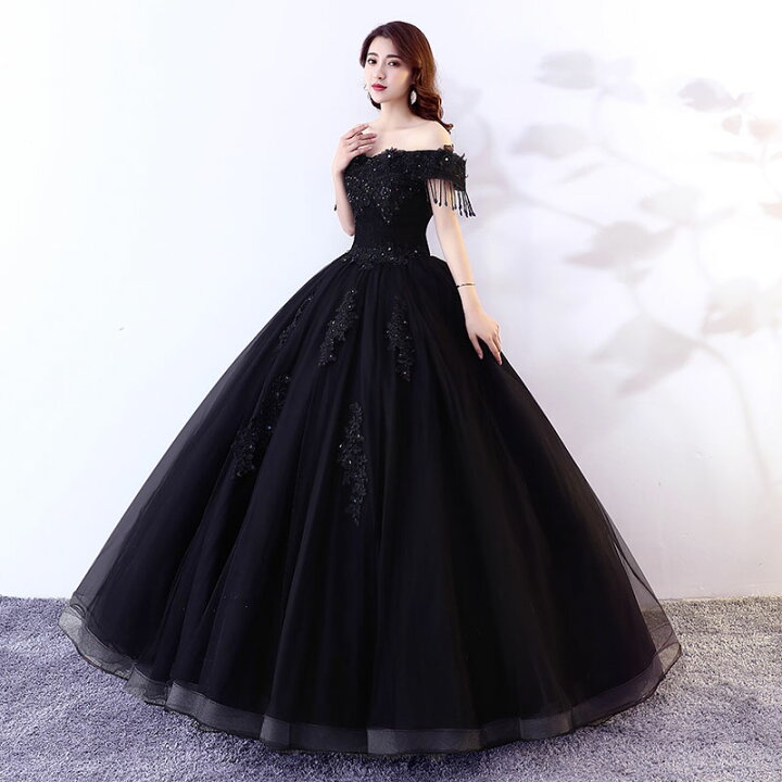楽天市場 カラードレス ステージ 衣装 黒 演奏会用ドレス ロングドレス 上品 プリンセスラインドレス お姫様 オフショルダー ウエディングドレス 花嫁 ブラック 二次会 結婚式 パーティードレス 成人式 フォーマルドレス 刺繍 高級感 セミオーダー 編み上げ Unique