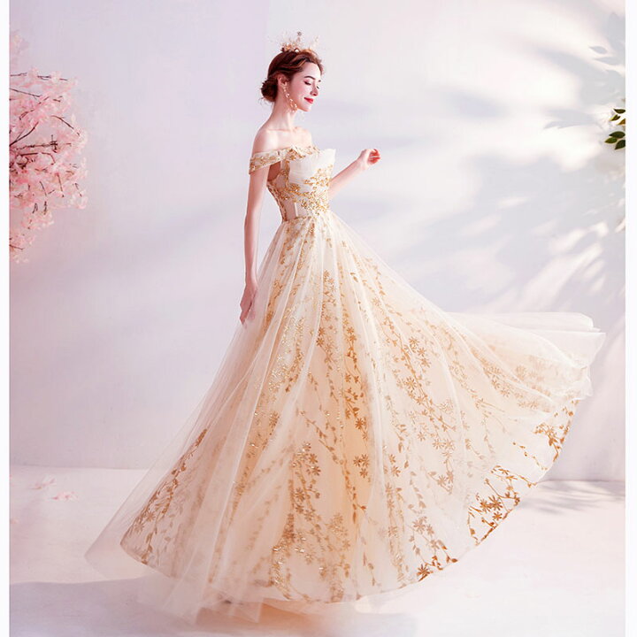 楽天市場 カラードレス ロングドレス シャンペン色 花嫁 挙式 ステージ衣装 ゴールド 演奏会 パーティードレス 発表会 二次会 結婚式 フォーマル ドレス お呼ばれ オフショルダー ピアノ司会 大人 代30代40代 セミオーダー 編み上げ Unique Weddings