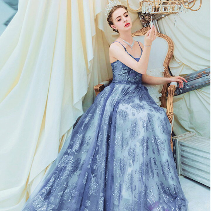 楽天市場 カラードレス ロングドレス 水色 二次会 パーティードレス 花嫁 吊りスカート ウェディングドレス 透け感 コンサート 披露宴 結婚式 演奏会 ステージ衣装 大きい 小きい セミオーダー 編み上げ Unique Weddings