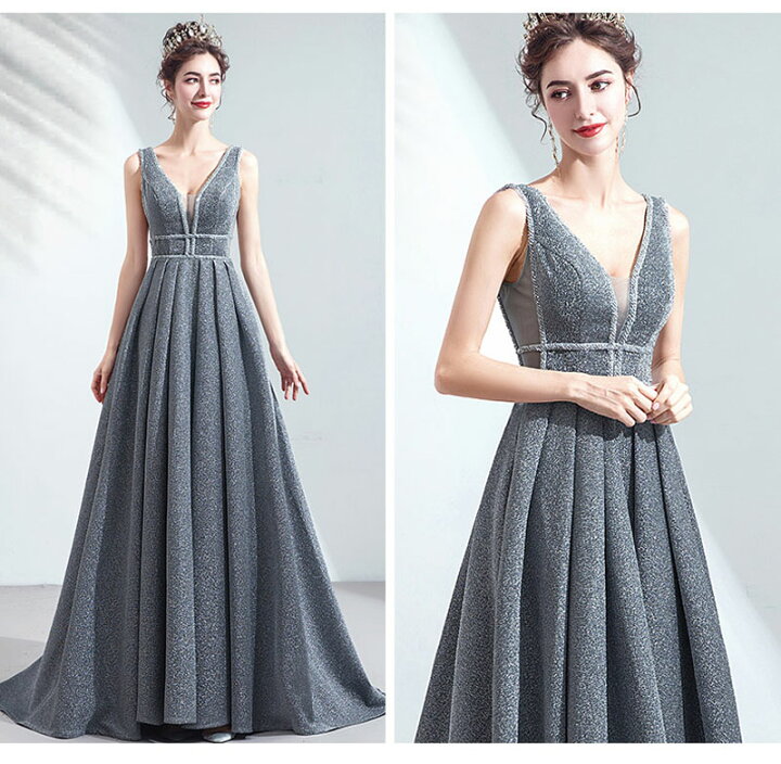 楽天市場】カラードレス シルバー ノースリーブ 演奏会 ロングドレス 