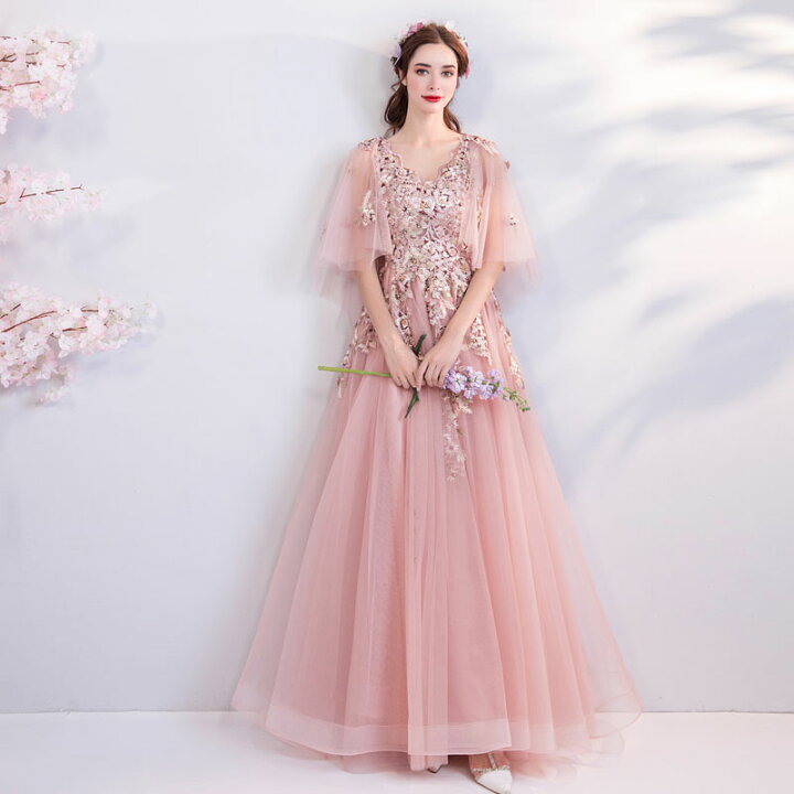 楽天市場】ロングドレス カラードレス ピンク 半袖 パーティードレス 