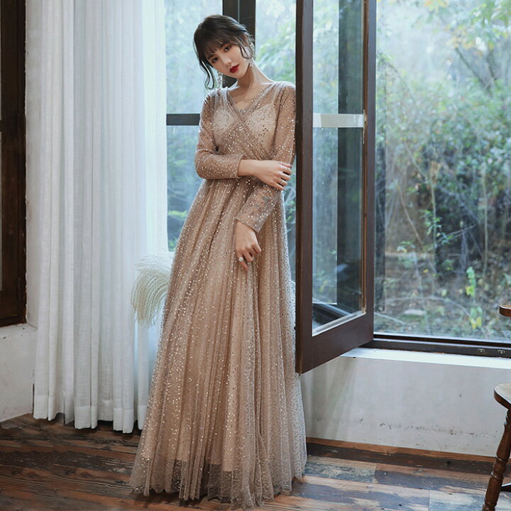 楽天市場】ロングドレス カラードレス 長袖 前撮り ゴールド  