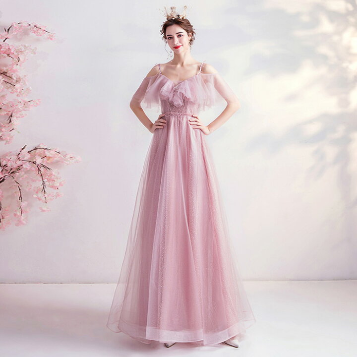 楽天市場】新品 カラードレス ピンク ロングドレス 花嫁 吊りスカート  