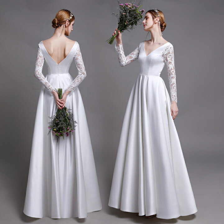 ウエディングドレス 結婚式 花嫁 Aラインドレス シンプル 長袖ドレス  